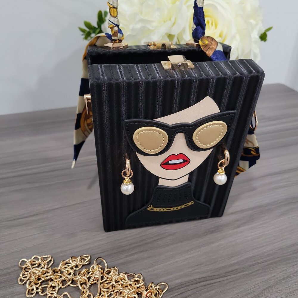 🔥Chic Fashion Lady Face Trendy Box Handbag w/Pearl Earrings Scarf Twilly Handle - Picture 5 of 10